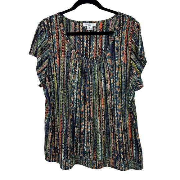 Liz Claiborne Woman top 3X Short Sleeve round neck colorful Boho Pattern Smocked - Picture 1 of 8